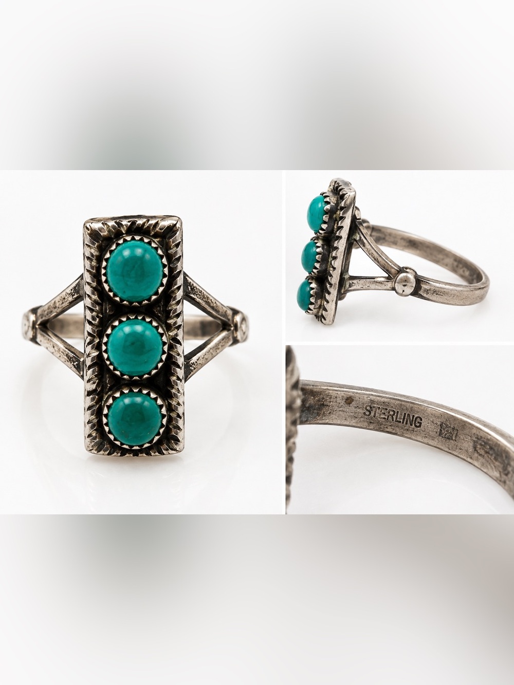 Sterling Silver Turquoise Triple Stone Ring - Blue-Green